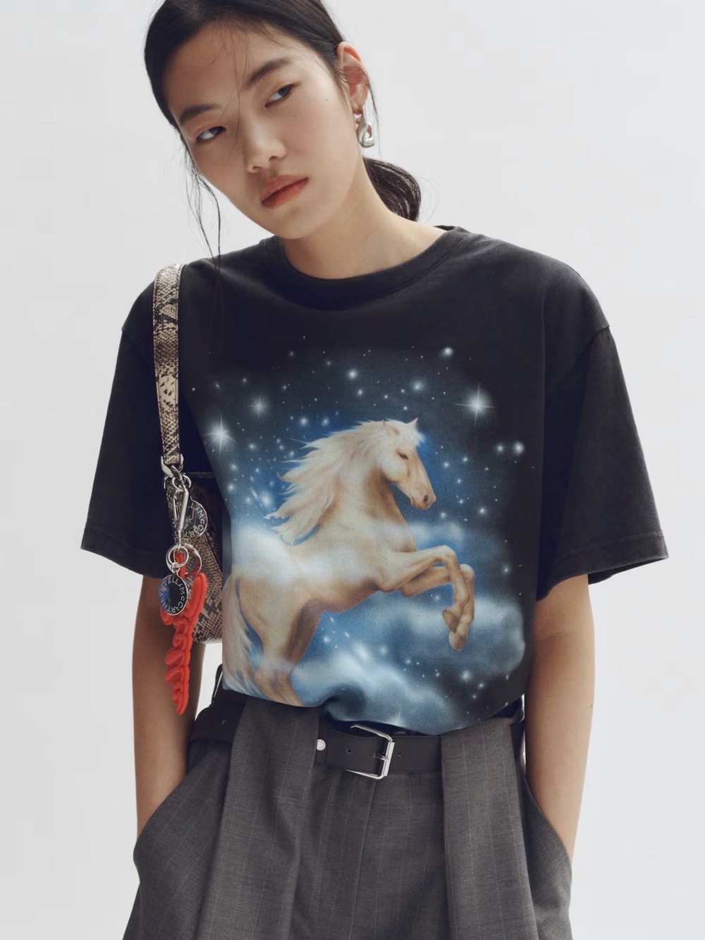 Stella McCartney Black Tee with Ivory Galloping Horse Graphic